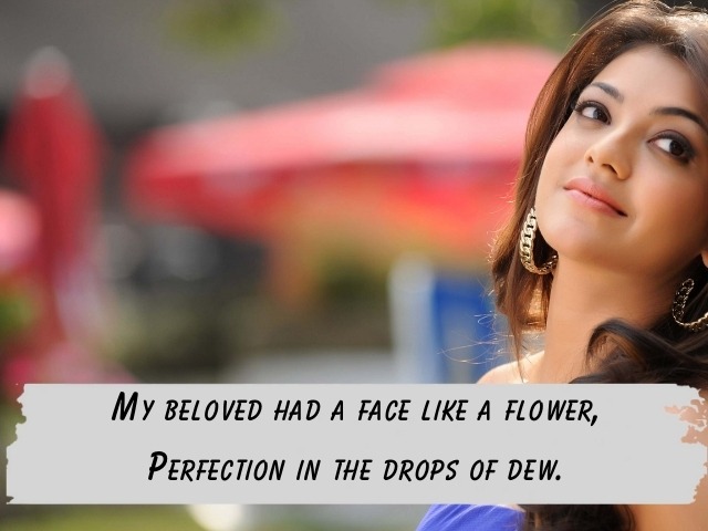 Exploring the exquisite beauty of a beloved's face, likened to a flower glistening with perfection in dewdrops.